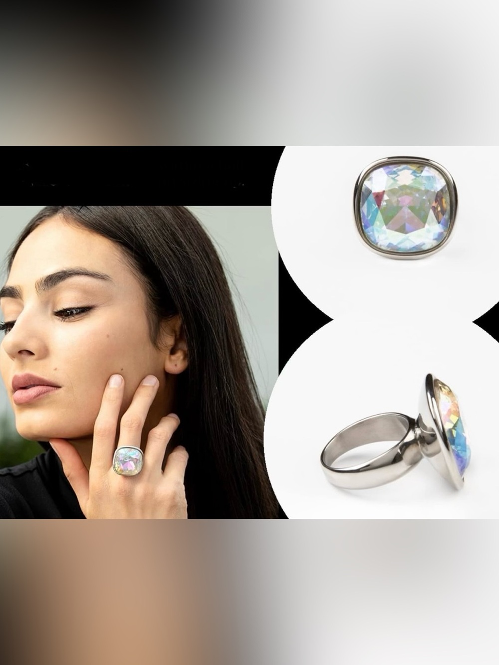 Ring with Iridescent Crystal, Stainless Steel in Silver Tone, Sz. 6,  Stone 1”